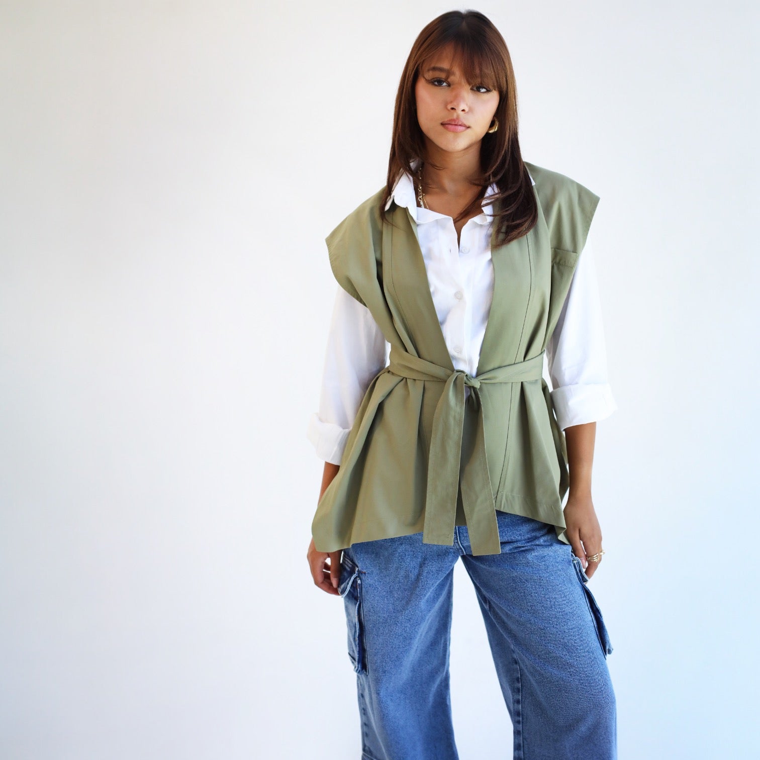 Kristen Cap Sleeve Belted Vest - Olive