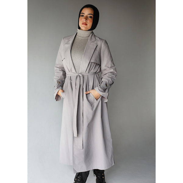 Grey gabardine long trench coat
