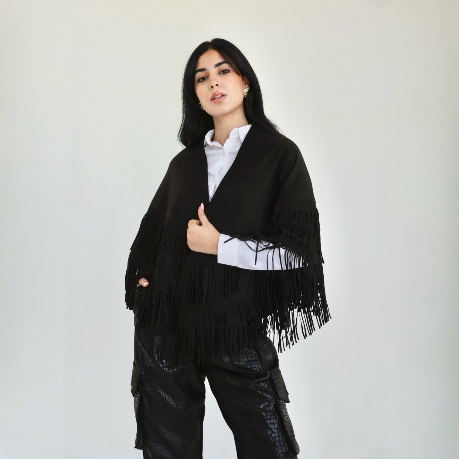 Black Beige Fringed Poncho main image 1
