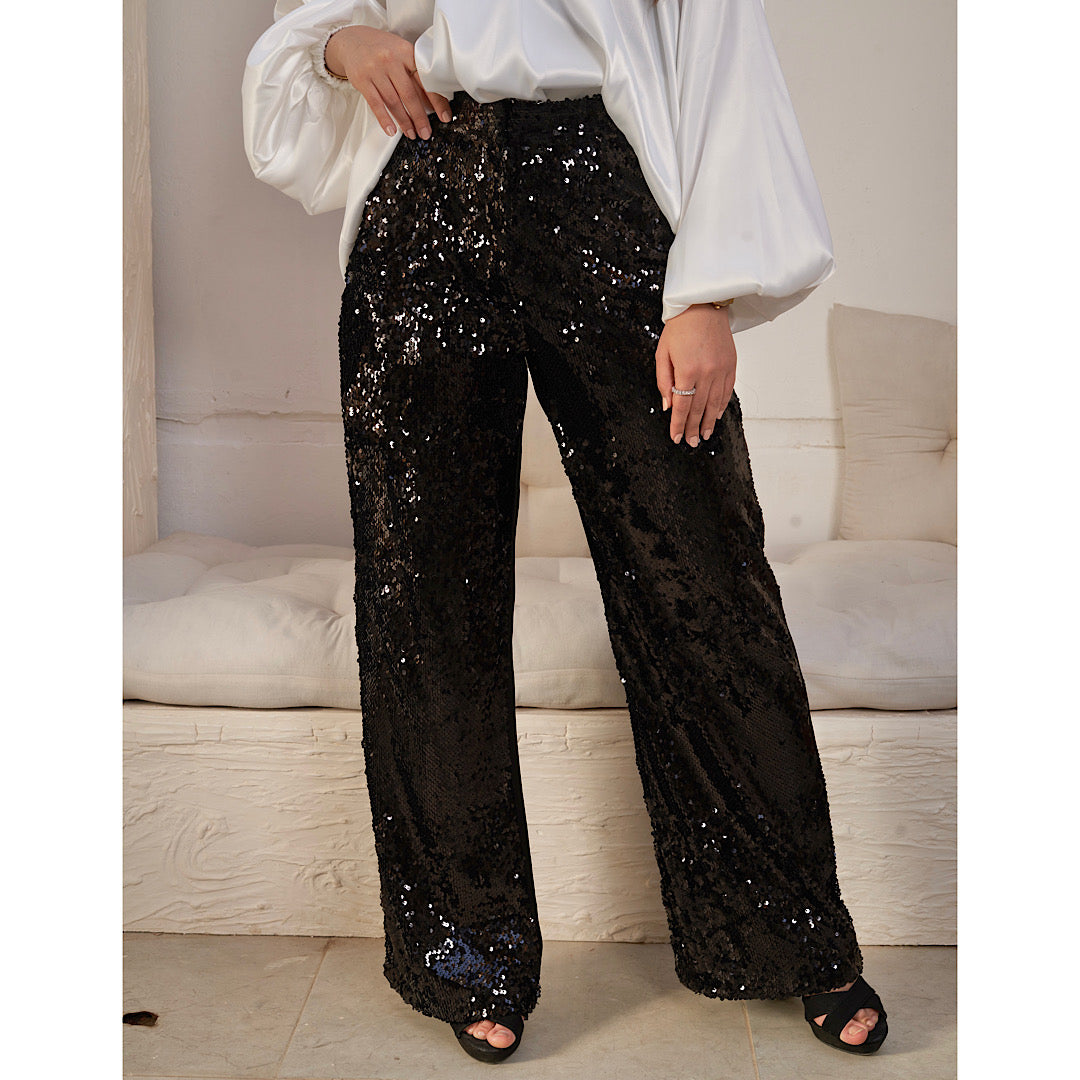 Sequin pants wide top leg