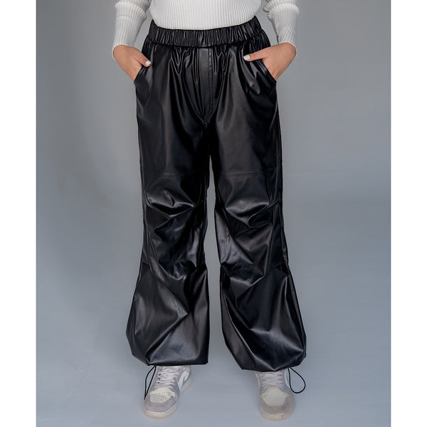 Black leather parachute pants