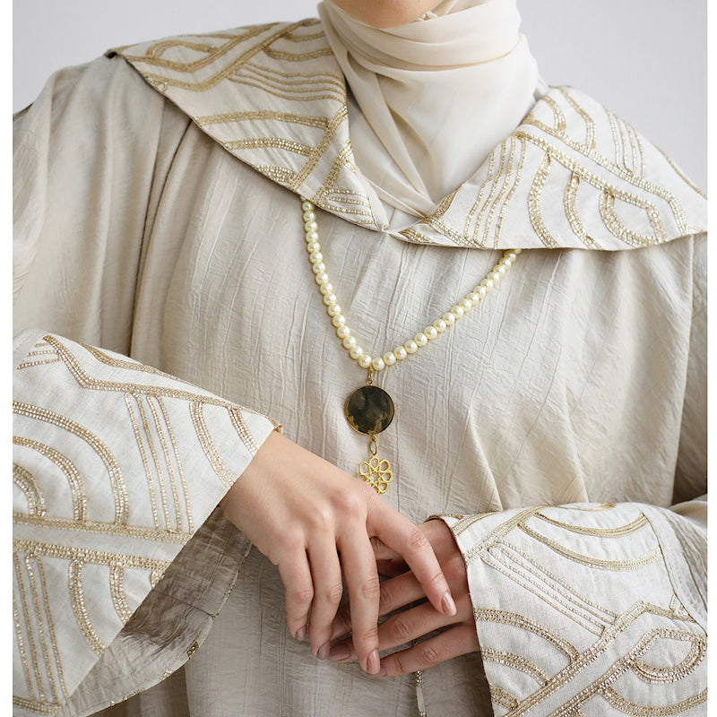 Beige hooded embroidered kaftan