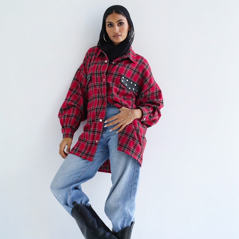Red plaid studded shirt