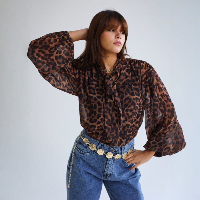 Bow tie leopard chiffon blouse