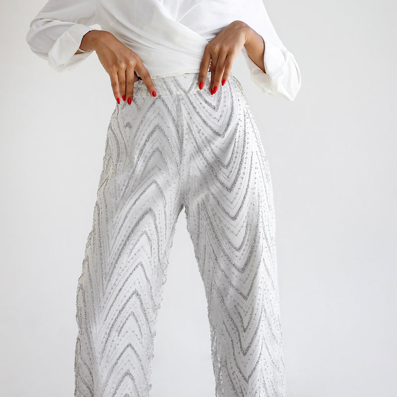 Off white embellished tulle pants