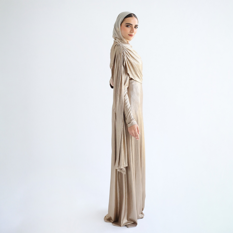 Gold metallic scarf dress