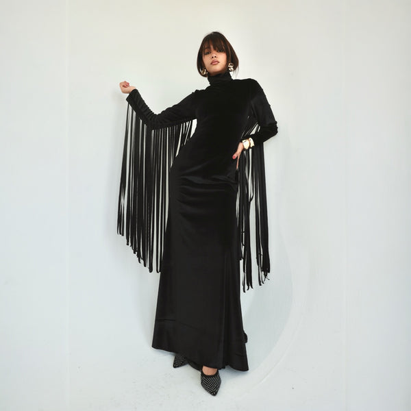 Velvet fringed long dress