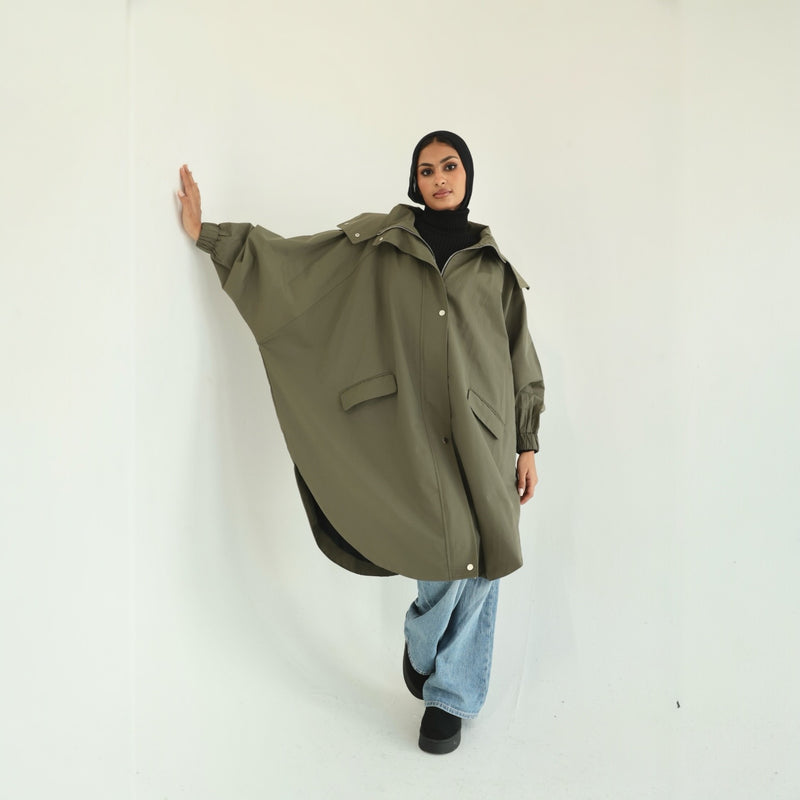 Khaki oversized waterproof buttoned jacket