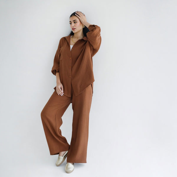 Brown crinkled cotton co-ord set