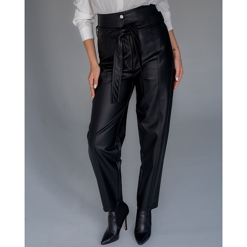 Black leather tapered pants