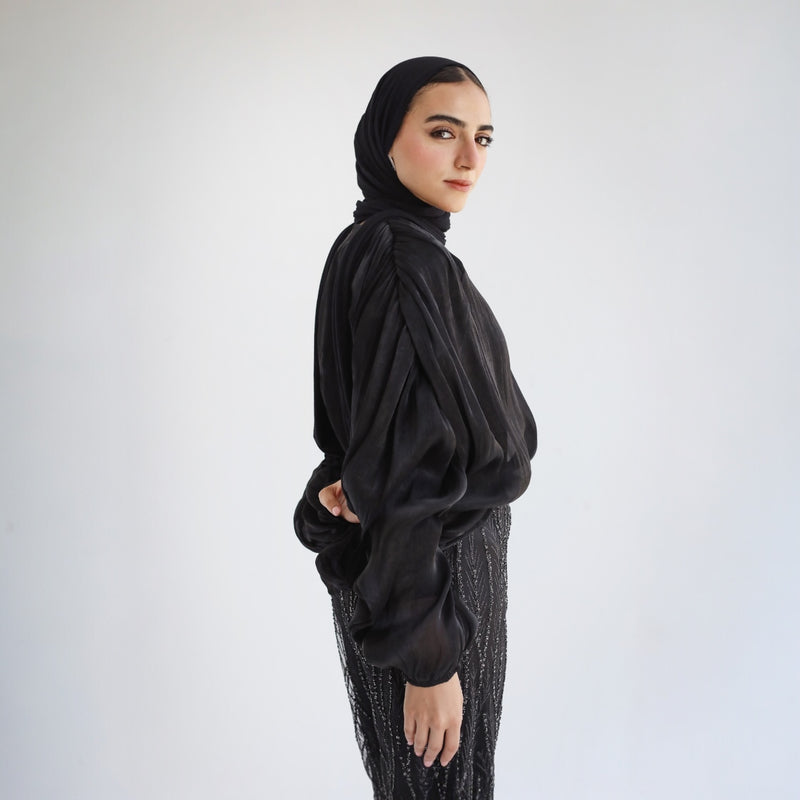 Black ruched sleeve organza blouse