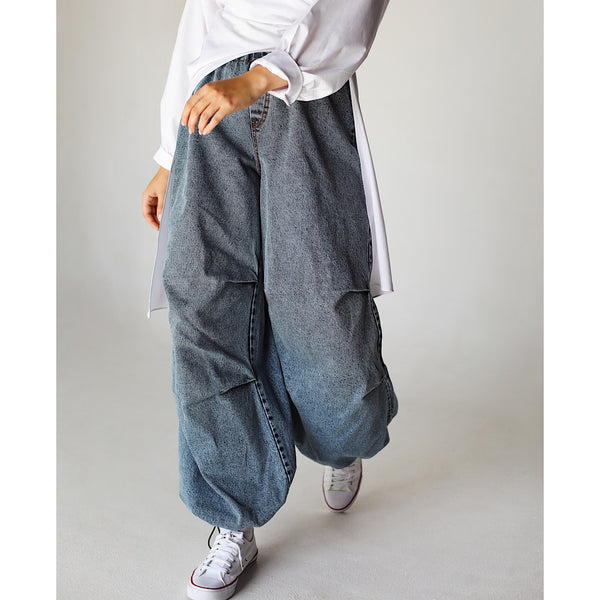 Blue denim parachute pants