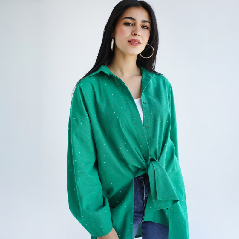 Green linen blend blouse