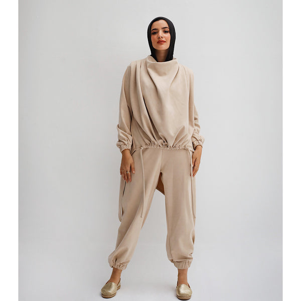 Beige suede draped co-ord set