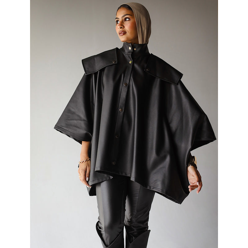 Black leather buttoned cape jacket