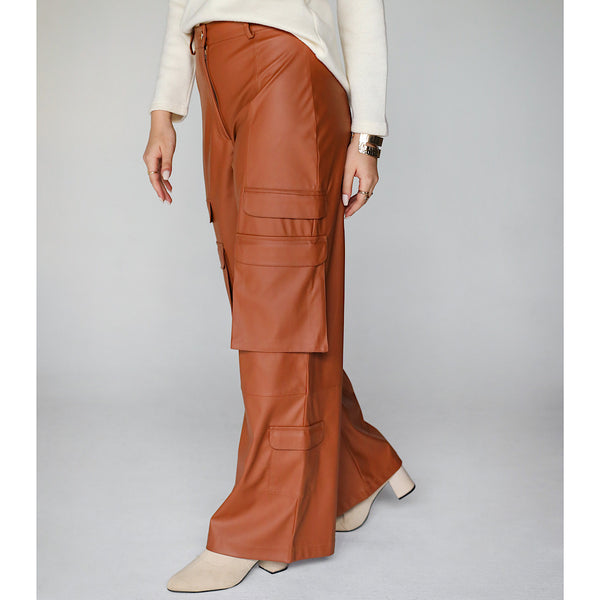 Wide leg brown leather pants