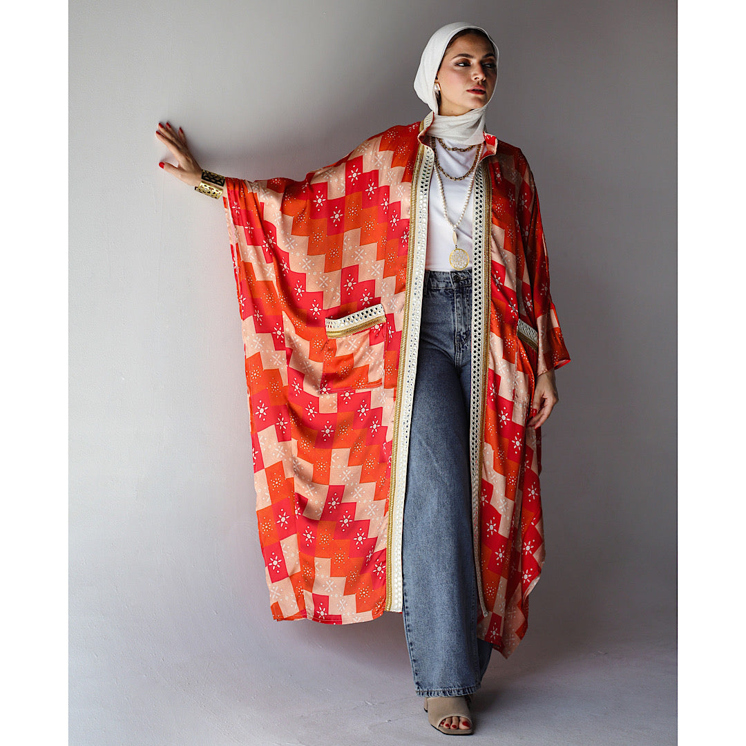 Orange Abstract Ikat Button Kaftan