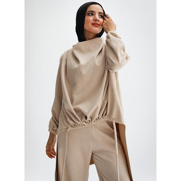Beige suede draped co-ord set