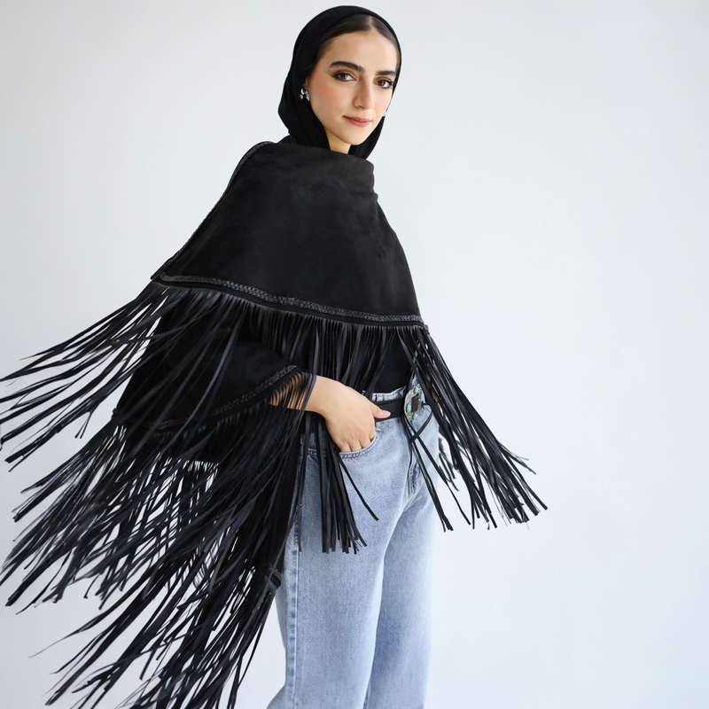 Fringed black scarf poncho