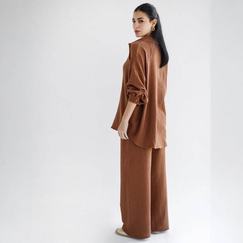 Brown crinkled cotton co-ord set