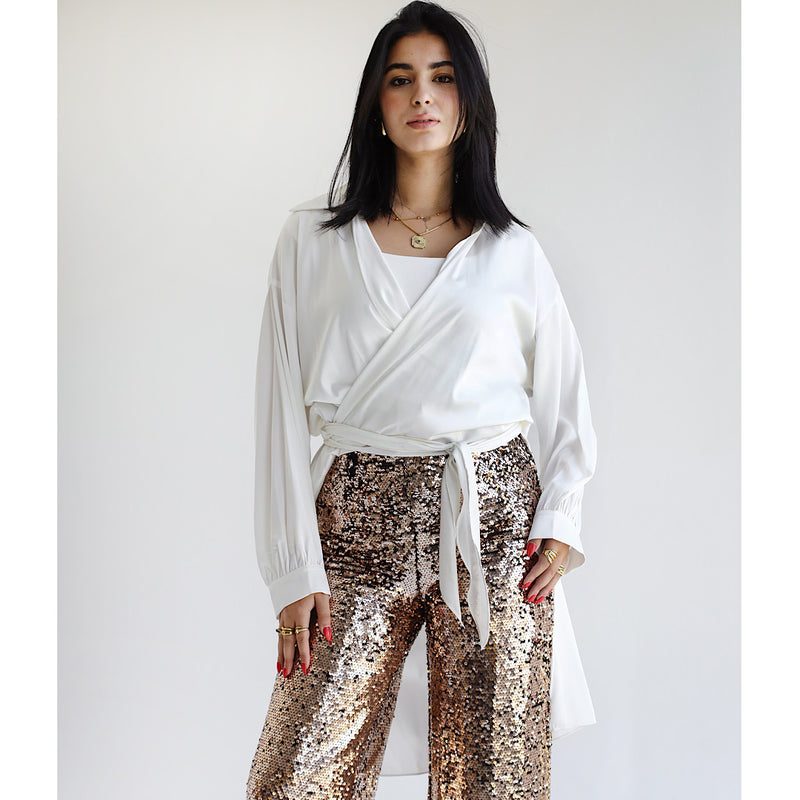 Off white satin wrap draped blouse