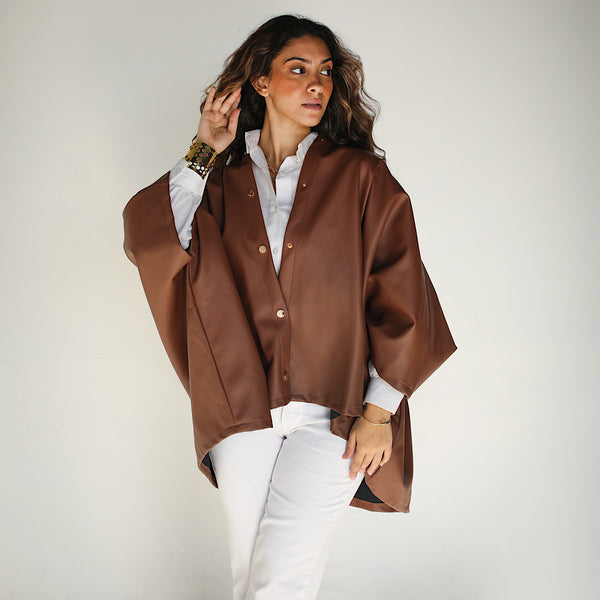 Brown leather buttoned cape jacket