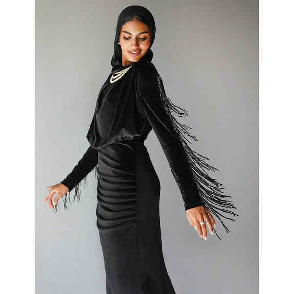 Black velvet tasseled dress