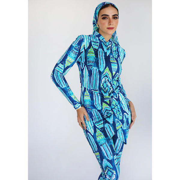 Blue & green printed burkini set