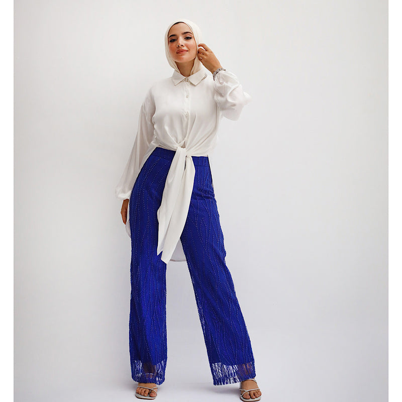 Blue Embroidered tulle pants