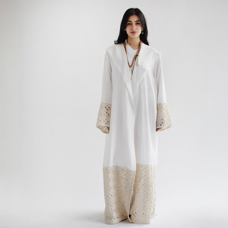 Off white linen blend embroidered kaftan