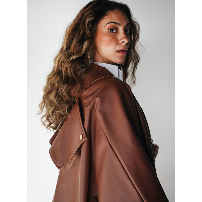 Brown leather buttoned cape jacket