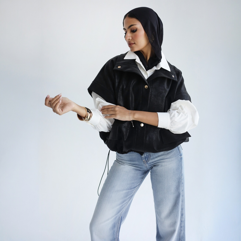 Black leather cropped vest