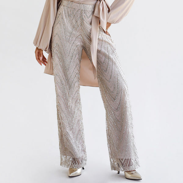 Champagne embellished tulle pants