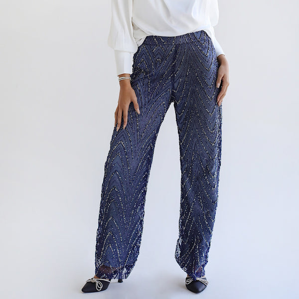 Dark blue embellished tulle pants