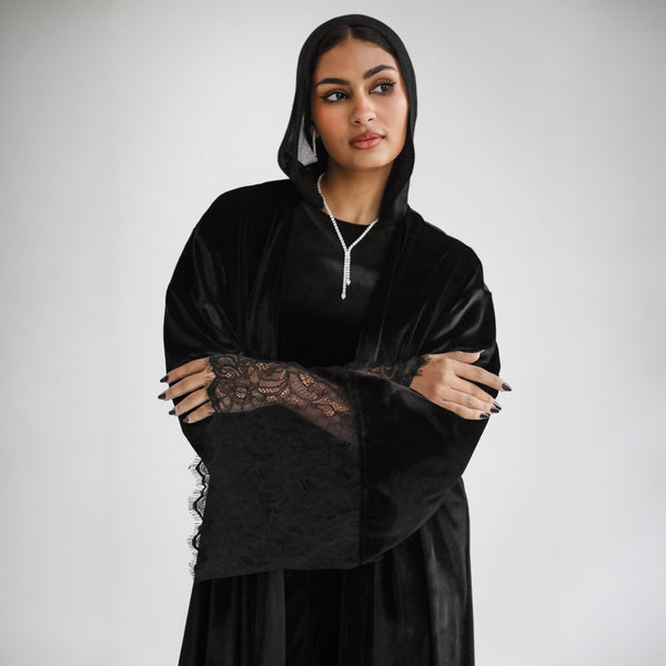 Lace sleeve velvet abaya