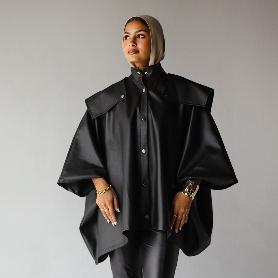 Black leather buttoned cape jacket – The Gallery