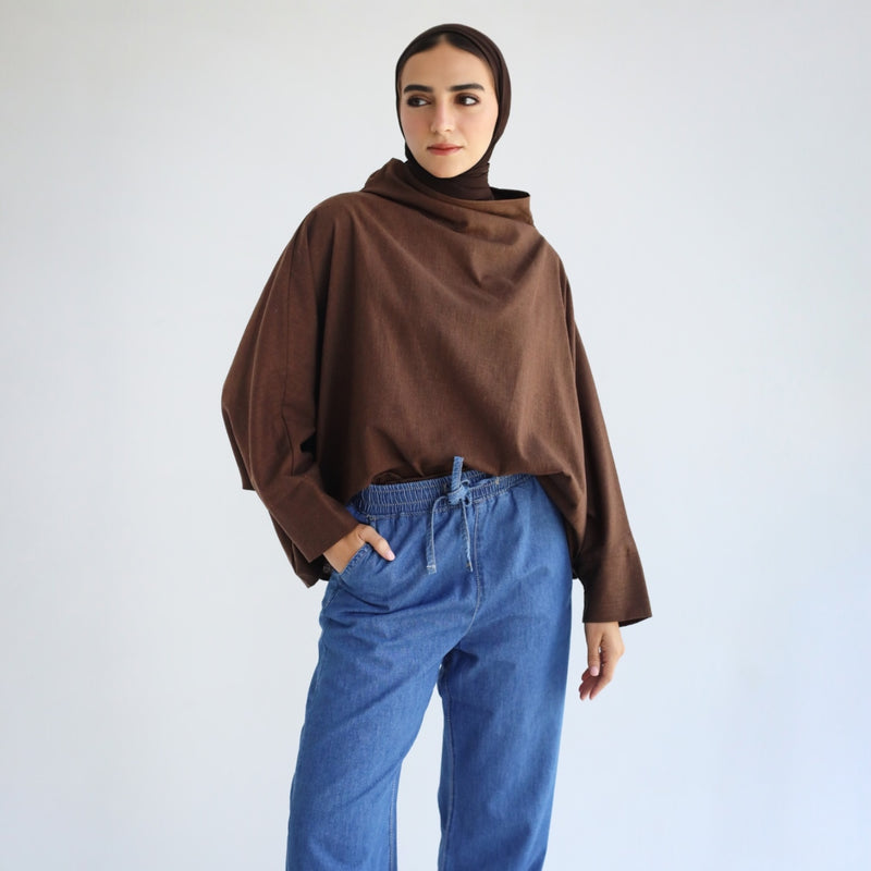 Brown linen turtle neck blouse