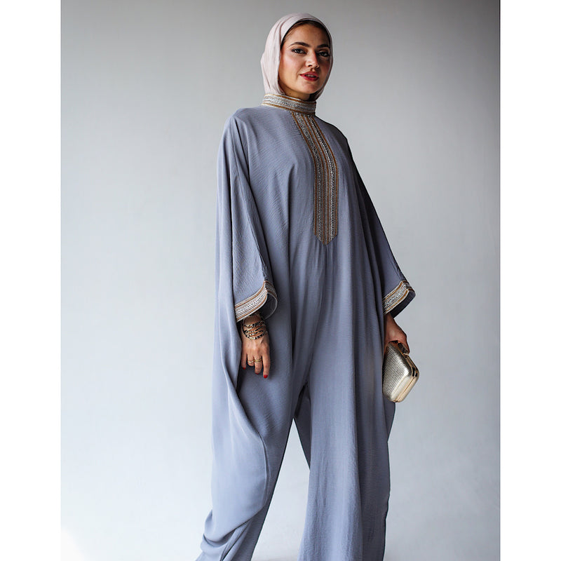 Grey dropped crotch embroidered jumpsuit