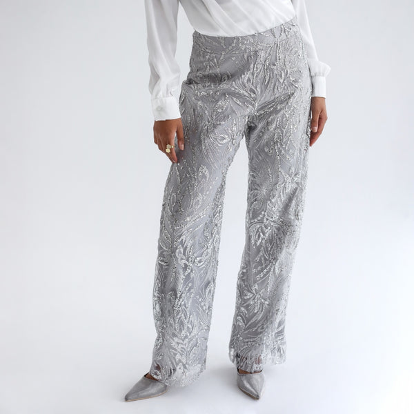 Grey Embroidered tulle black pants