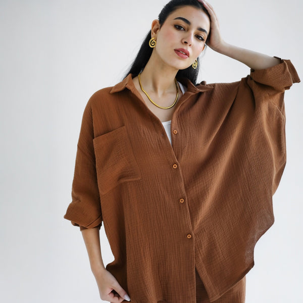 Brown crinkled cotton co-ord set