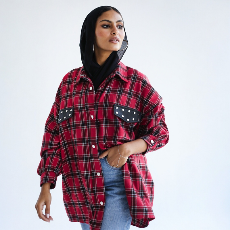 Red plaid studded shirt