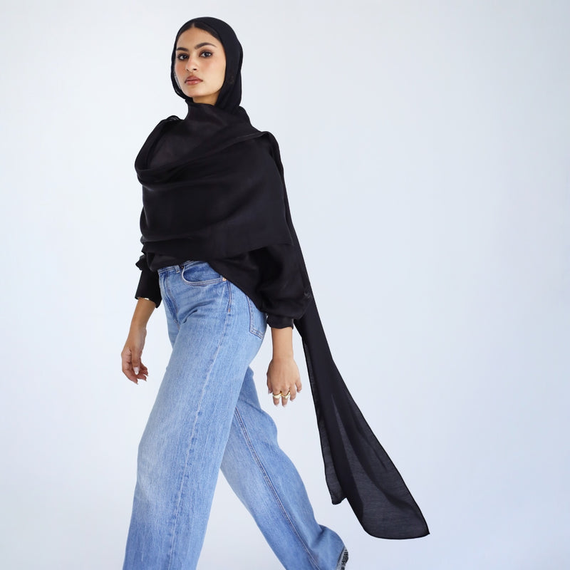Black draped scarf blouse