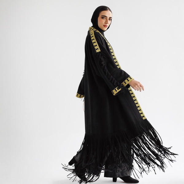 Black suede fringed kaftan