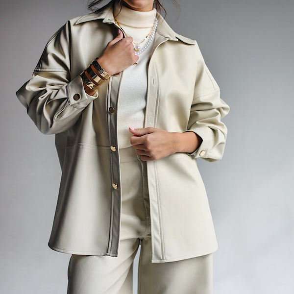 Beige buttoned down leather shirt
