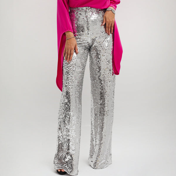 Wide leg silver sequin pants