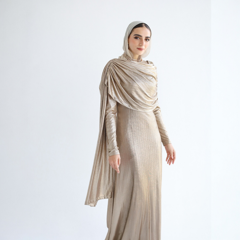 Gold metallic scarf dress