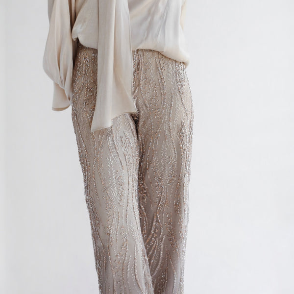 Dark beige embellished tulle pants
