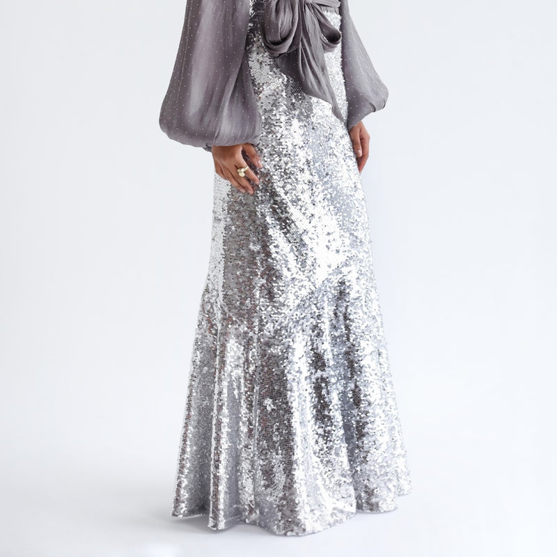 Silver sequined flared skirt