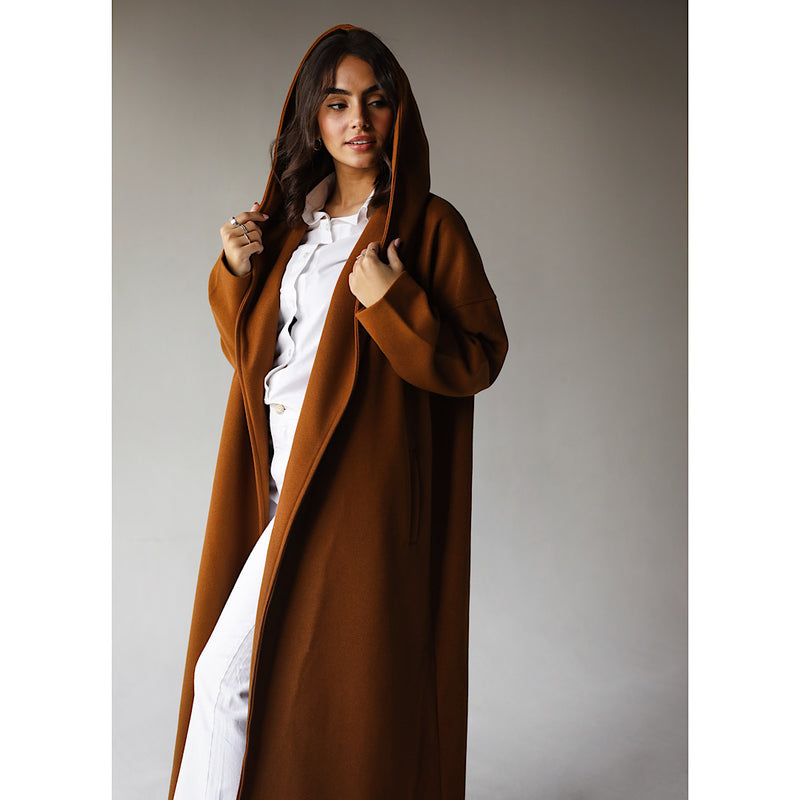 Shawl collar camel coat