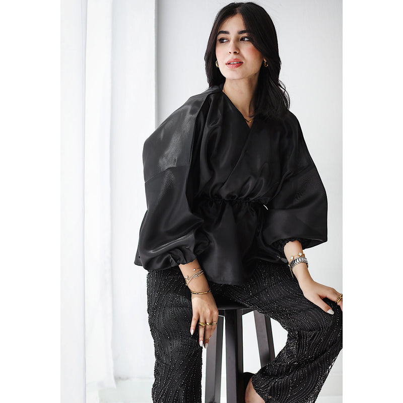 Black organza volume blouse